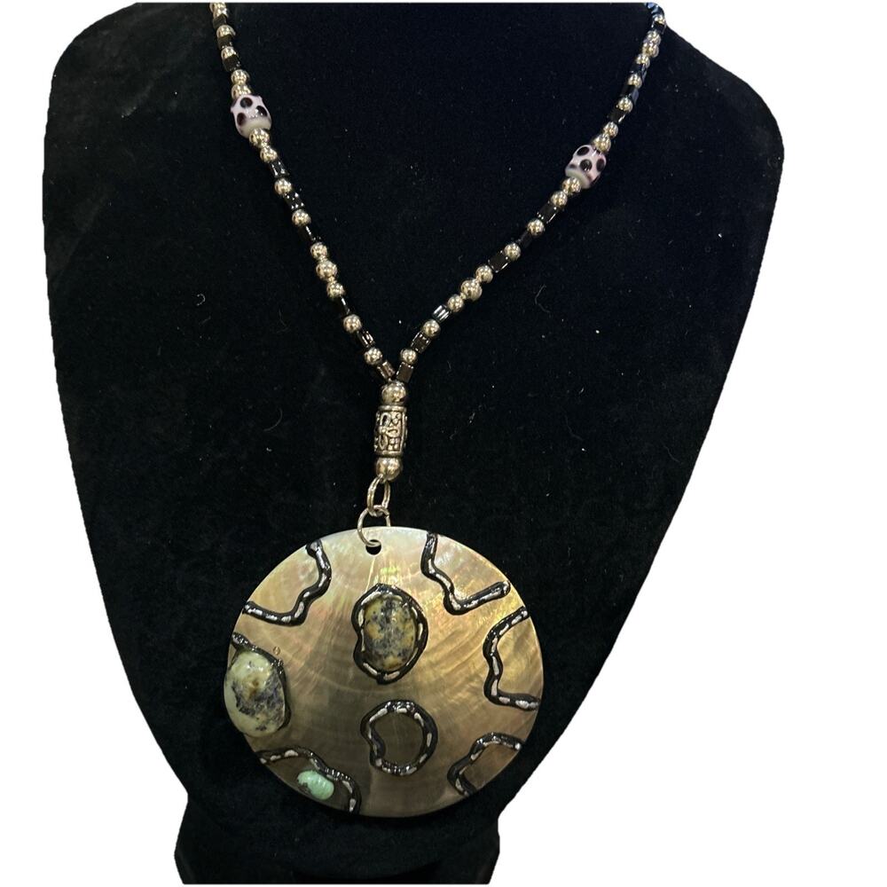 Glass And Silver Beaded Necklace Large Shell Pendant Long
